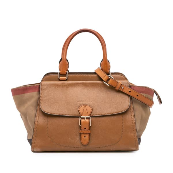 Pre-owned Burberry Medium Leather and House Check Harcourt Satchel Brown