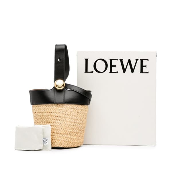Pre-owned LOEWE Mini Raffia Pebble Bucket Bag Brown