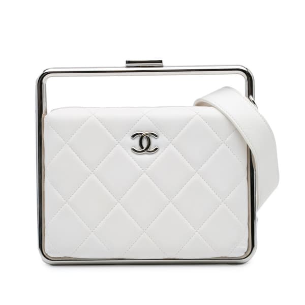 Pre-owned Chanel Quilted Lambskin Metal Bar Convertible Clutch White