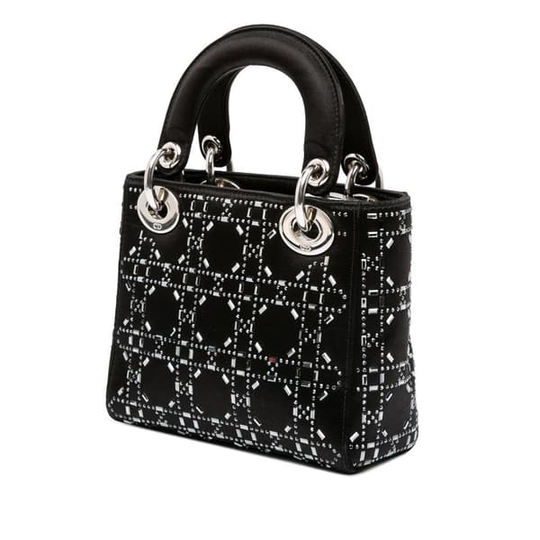 Pre-owned Dior Mini Satin Cannage Strass Crystal Embellished Lady Dior Black