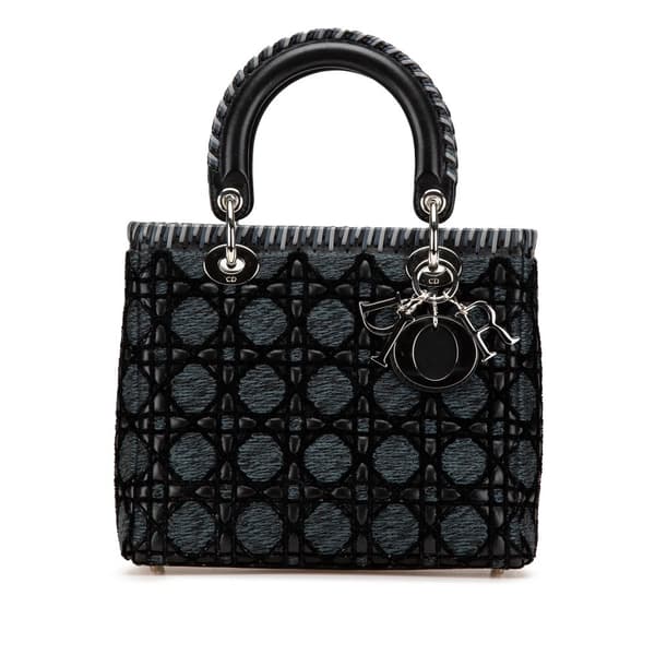 Pre-owned Dior Medium Tweed and Velvet Cannage Whipstitch Lady Dior Black