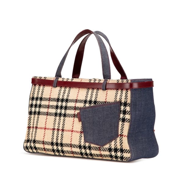 Pre-owned Burberry House Check Wool and Denim Pocket Handbag Brown