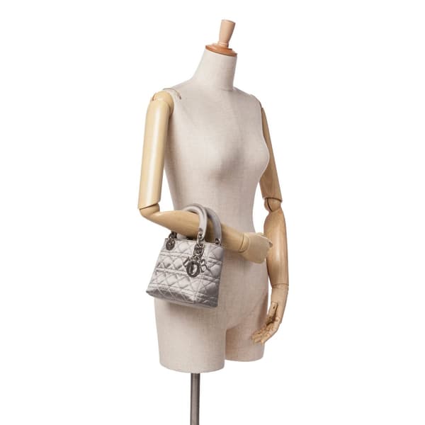 Pre-owned Dior Mini Satin Cannage Lady Dior Gray