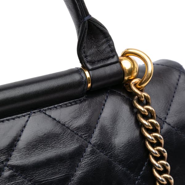 Pre-owned Chanel Medium Quilted Glazed Calfskin Gold Bar Top Handle Flap Blue