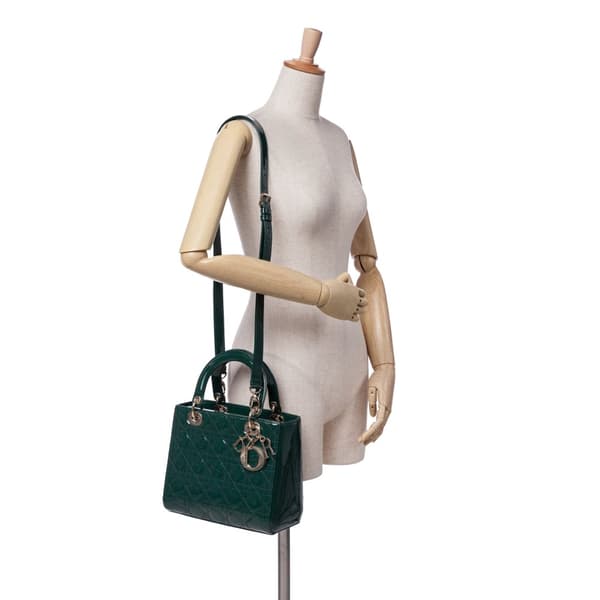 Pre-owned Dior Medium Patent Cannage Lady Dior Green