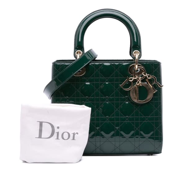 Pre-owned Dior Medium Patent Cannage Lady Dior Green