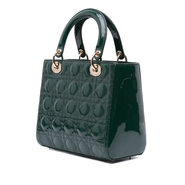 Pre-owned Dior Medium Patent Cannage Lady Dior Green