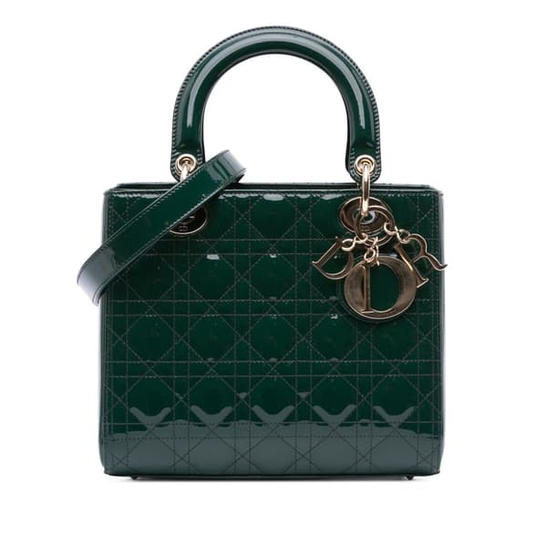 Pre-owned Dior Medium Patent Cannage Lady Dior Green