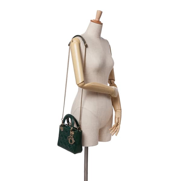 Pre-owned Dior Mini Patent Cannage Lady Dior Green