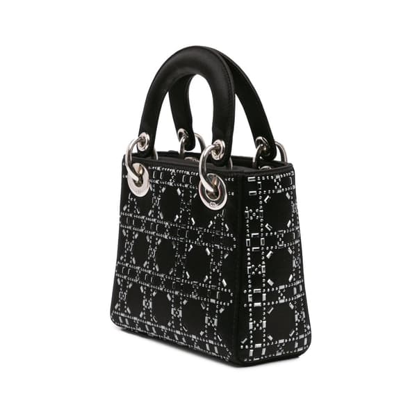 Pre-owned Dior Mini Satin Cannage Strass Crystal Embellished Lady Dior Black