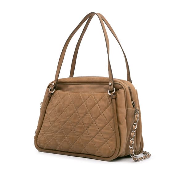 Pre-owned Chanel Quilted Iridescent Calfskin Relax CC Satchel Brown