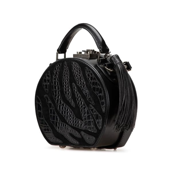 Pre-owned Saint Laurent Small Croc Embossed Leather Mica Hatbox Satchel Black