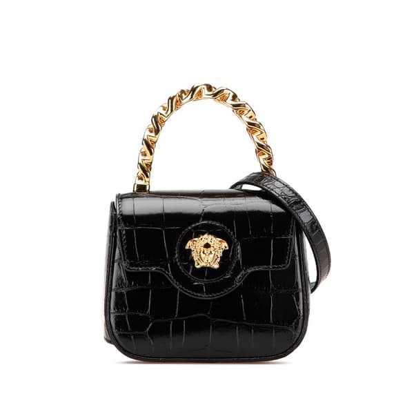 Pre-owned Versace Mini Croc Embossed La Medusa Satchel Black