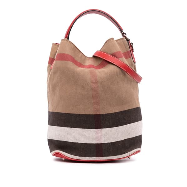 Pre-owned Burberry Medium Mega Check Canvas Ashby Bucket Bag Brown