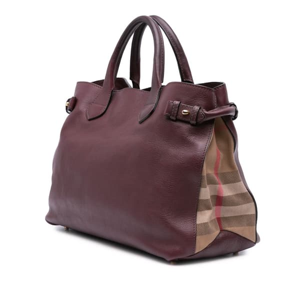Pre-owned Burberry Medium Leather and House Check Banner Satchel Purple