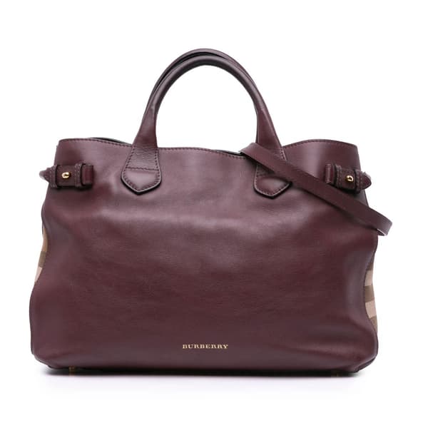 Pre-owned Burberry Medium Leather and House Check Banner Satchel Purple