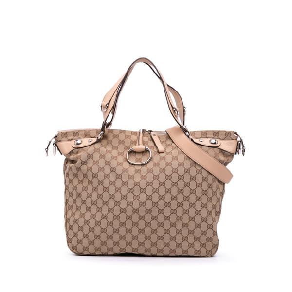 Pre-owned Gucci Large GG Canvas Icon Bit Satchel Brown
