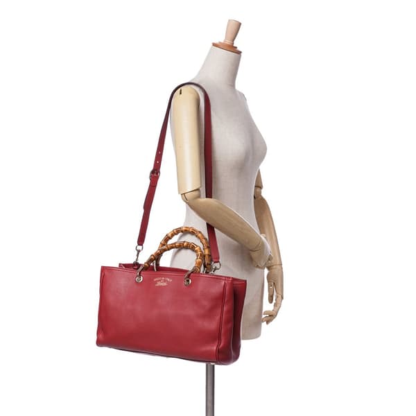 Pre-owned Gucci Medium Calfskin Bamboo Shopper Satchel Red
