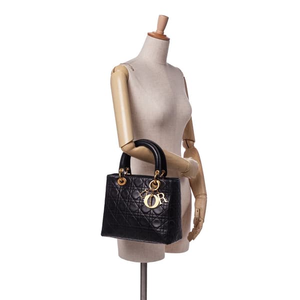 Pre-owned Dior Medium Lambskin Cannage Lady Dior Black