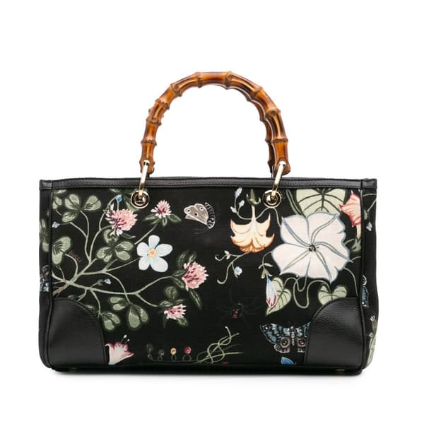 Pre-owned Gucci Medium Canvas Bamboo Shopper Flora Knight Satchel Black