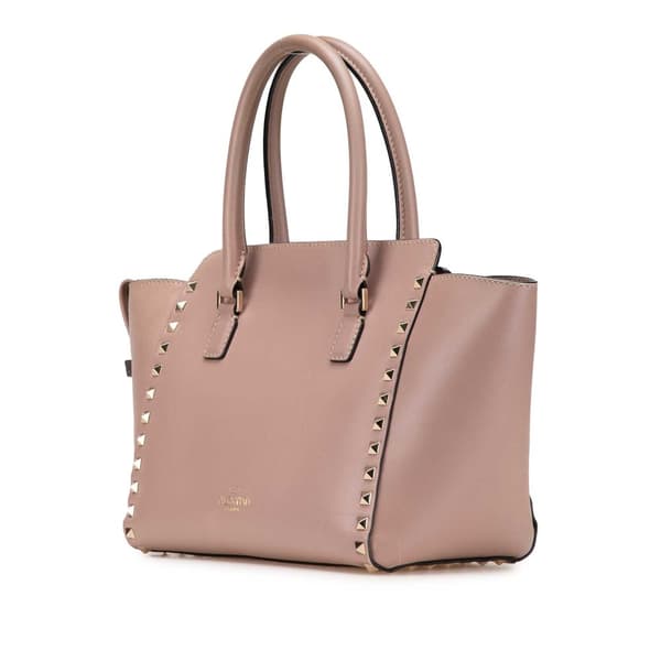 Pre-owned Valentino Small Leather Rockstud Double Handle Tote Brown