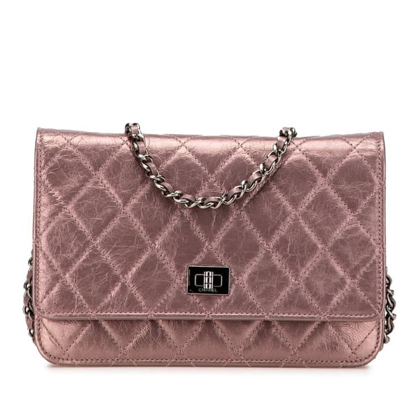 Pre-owned Chanel Reissue 2.55 Quilted Metallic Aged Calfskin Wallet on Chain Pink