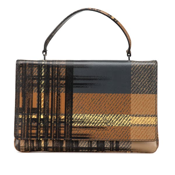 Pre-owned Prada Saffiano Tartan Print Top Handle Bag Brown