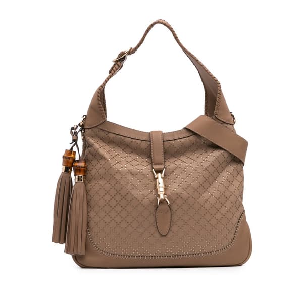 Pre-owned Gucci Medium Diamante Perforated Calfskin New Jackie Satchel Brown