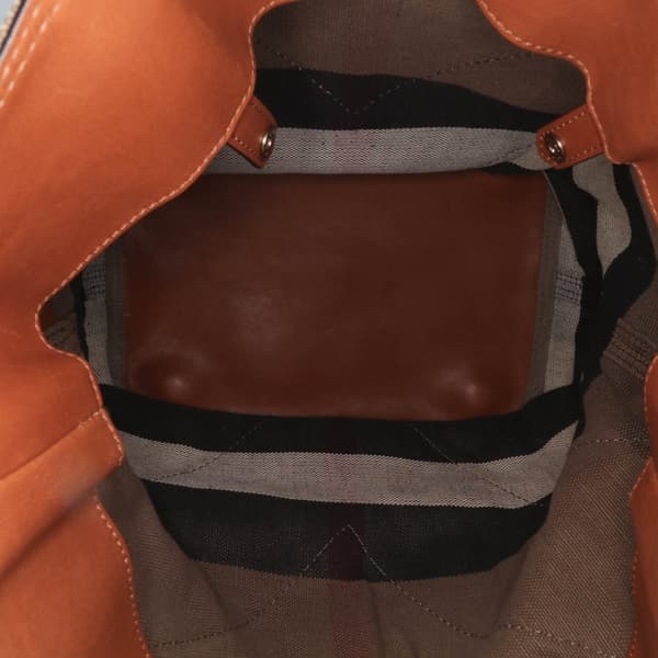 Pre-owned Burberry Medium Mega Check Canvas and Calfskin Chevron Ashby Bucket Brown
