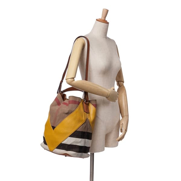 Pre-owned Burberry Medium Mega Check Canvas and Calfskin Chevron Ashby Bucket Brown