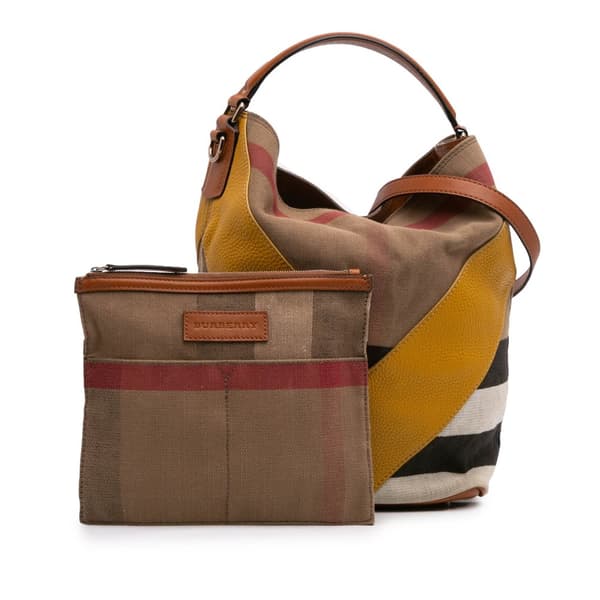 Pre-owned Burberry Medium Mega Check Canvas and Calfskin Chevron Ashby Bucket Brown