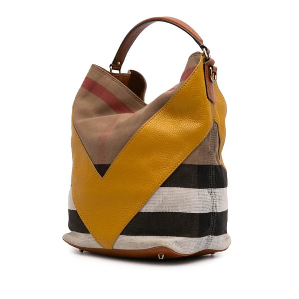 Pre-owned Burberry Medium Mega Check Canvas and Calfskin Chevron Ashby Bucket Brown