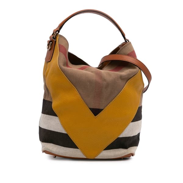 Pre-owned Burberry Medium Mega Check Canvas and Calfskin Chevron Ashby Bucket Brown