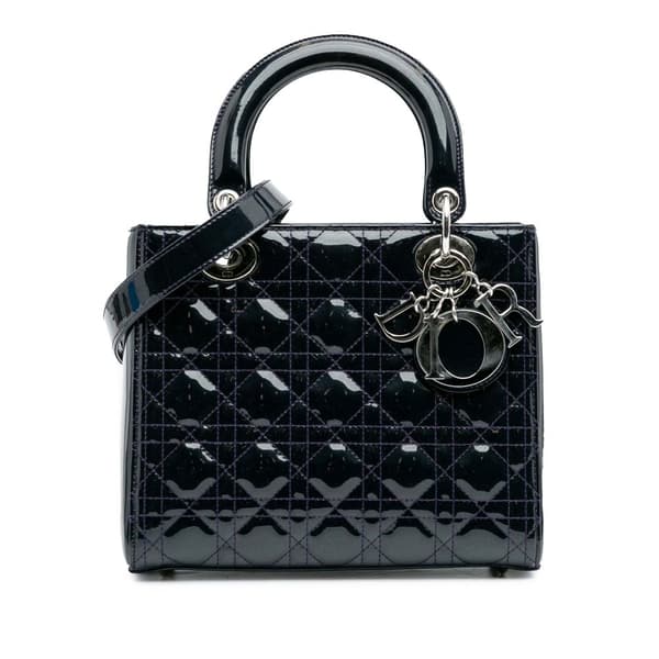 Pre-owned Dior Medium Patent Cannage Lady Dior Blue