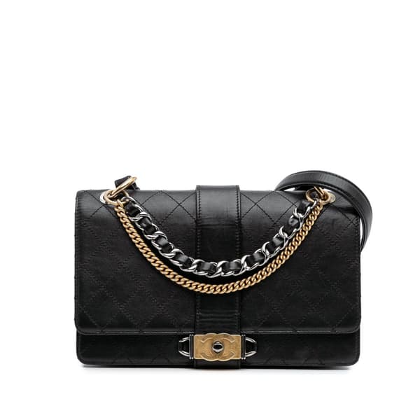 Pre-owned Chanel Quilted Calfskin Double Chain Top Handle Flap Black