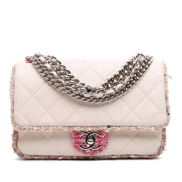 Pre-owned Chanel Quilted Lambskin and Tweed Elegant Trim Flap White