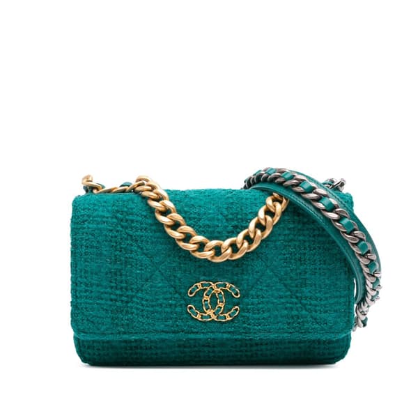 Pre-owned Chanel Tweed 19 Wallet On Chain Green