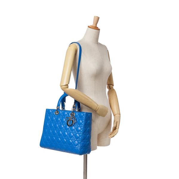 Pre-owned Dior Large Lambskin Cannage Lady Dior Blue