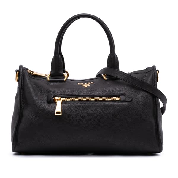 Pre-owned Prada Vitello Daino Zip Top Satchel Black