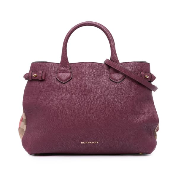 Pre-owned Burberry Medium Leather and House Check Banner Satchel Purple