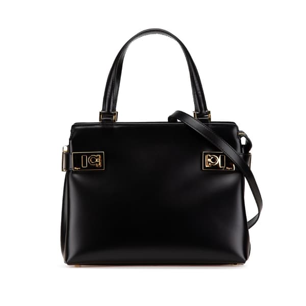 Pre-owned Ferragamo Leather Double Gancini Side Buckle Satchel Black