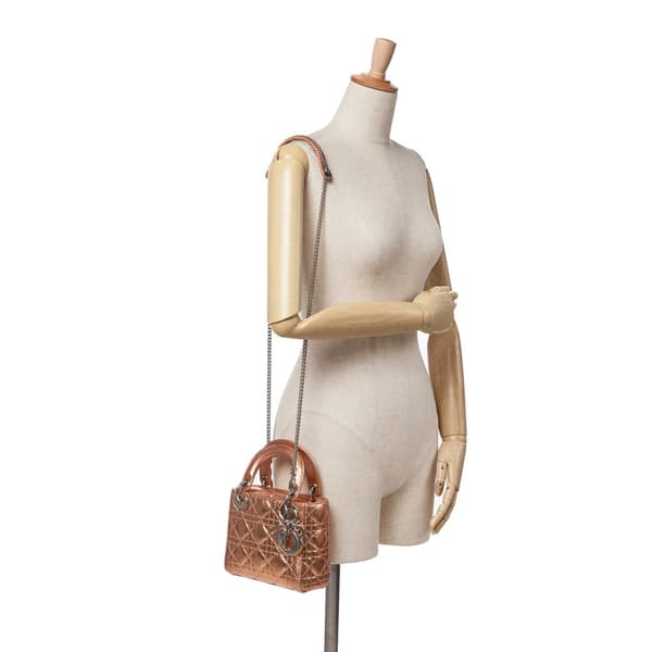 Pre-owned Dior Mini Metallic Calfskin Cannage Lady Dior Brown