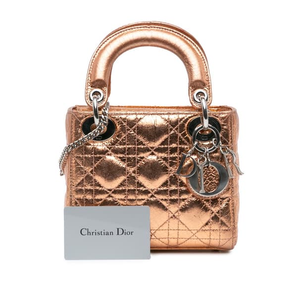 Pre-owned Dior Mini Metallic Calfskin Cannage Lady Dior Brown
