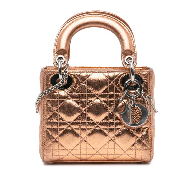 Pre-owned Dior Mini Metallic Calfskin Cannage Lady Dior Brown