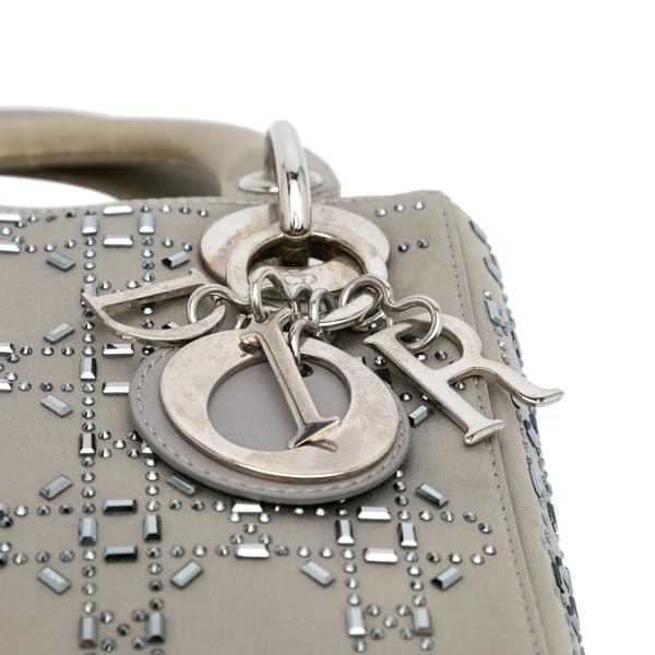 Pre-owned Dior Mini Satin Cannage Strass Crystal Embellished Lady Dior Gray