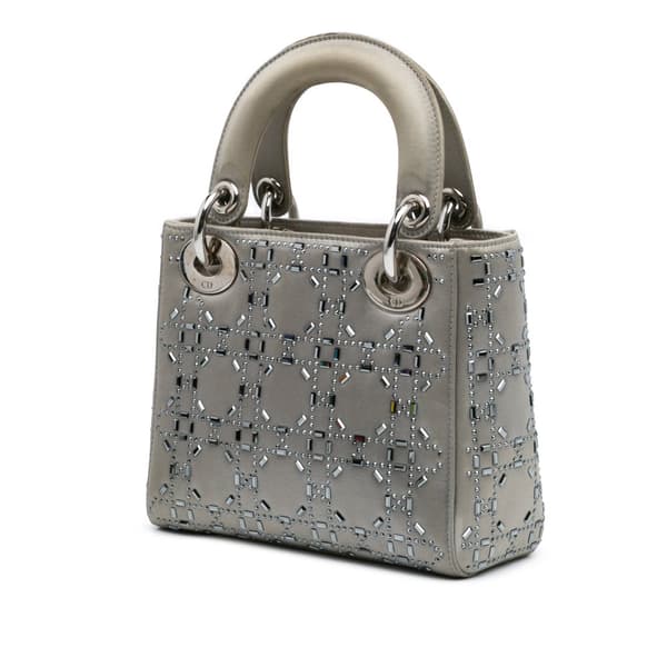 Pre-owned Dior Mini Satin Cannage Strass Crystal Embellished Lady Dior Gray