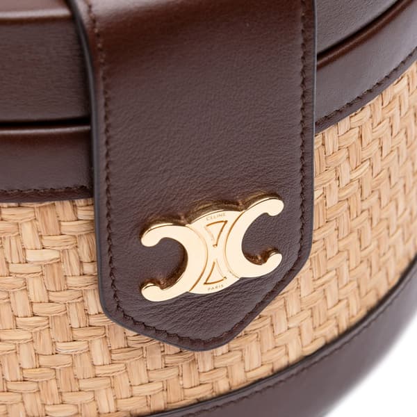 Pre-owned Celine Medium Raffia and Calfskin Triomphe Tambour Vanity Bag Brown