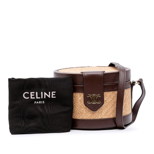 Pre-owned Celine Medium Raffia and Calfskin Triomphe Tambour Vanity Bag Brown