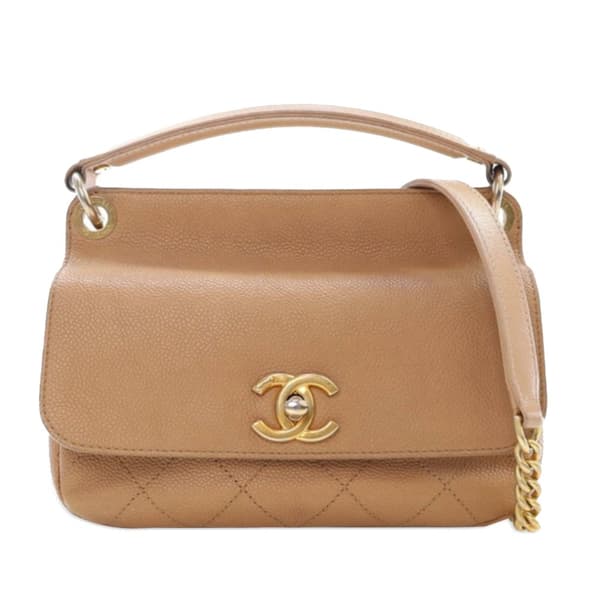 Pre-owned Chanel Small Stitched Caviar CC Lock Top Handle Flap Brown