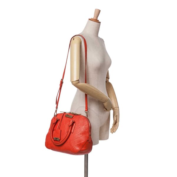 Pre-owned Burberry Heritage Grain Check Embossed Orchard Bowling Bag Red